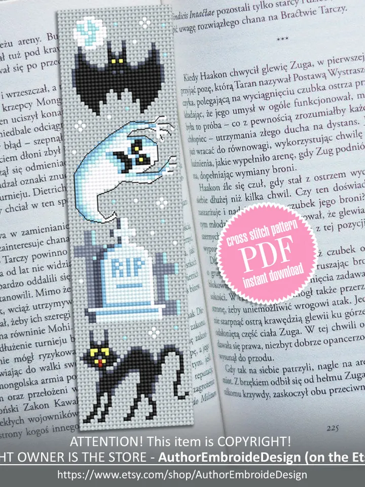 Halloween bookmark cross stitch pattern PDF download Ghost cross stitch chart, Handmade bookmark pattern digital, Black cat embroidery #B219