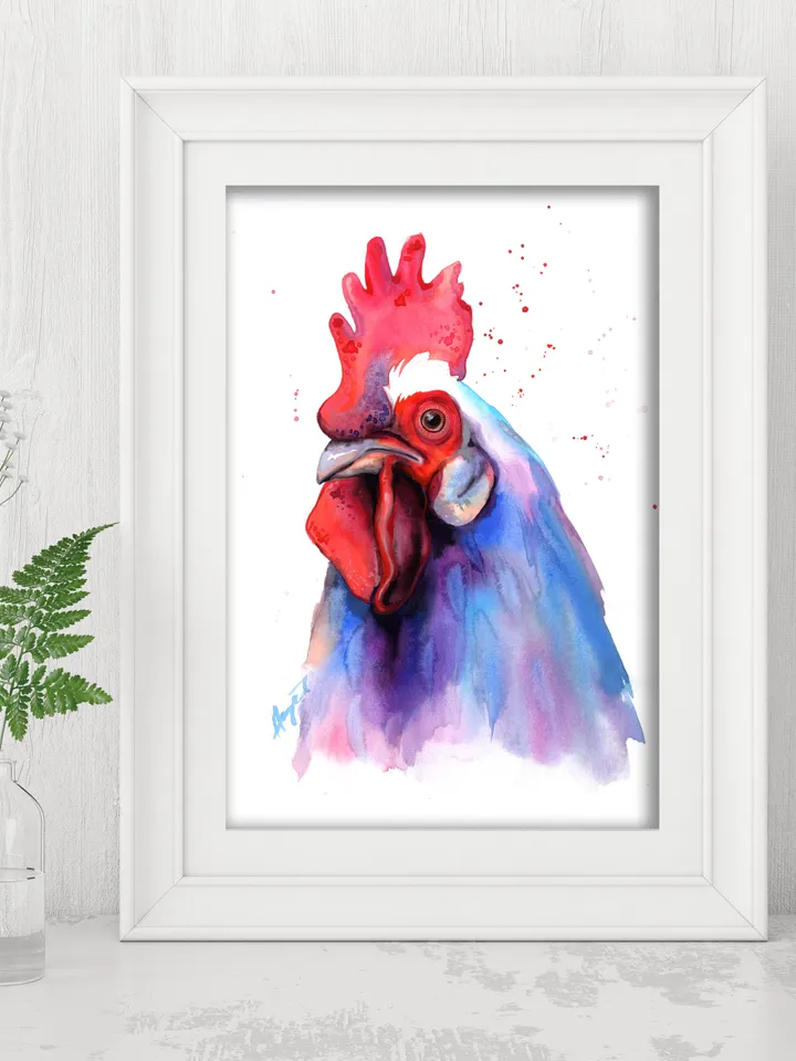 Rooster Original watercolor, farm bird painting, wall decor, 8x11 in handmade birds art by Anne Gorywine