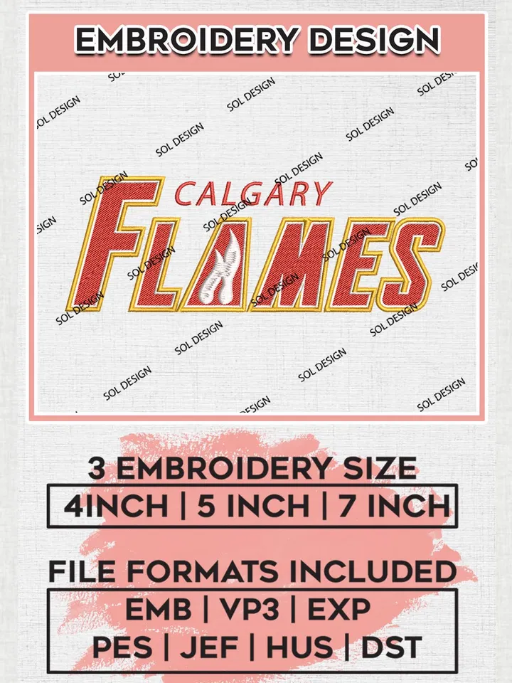 Calgary Flames Writing Logo Embroidery Designs, NHL Calgary Flames Team Logo Embroidery, Hockey Team Logo Emb Files, NHL Flames Logo, 3 sizes, Machine embroidery Files, Digital Download