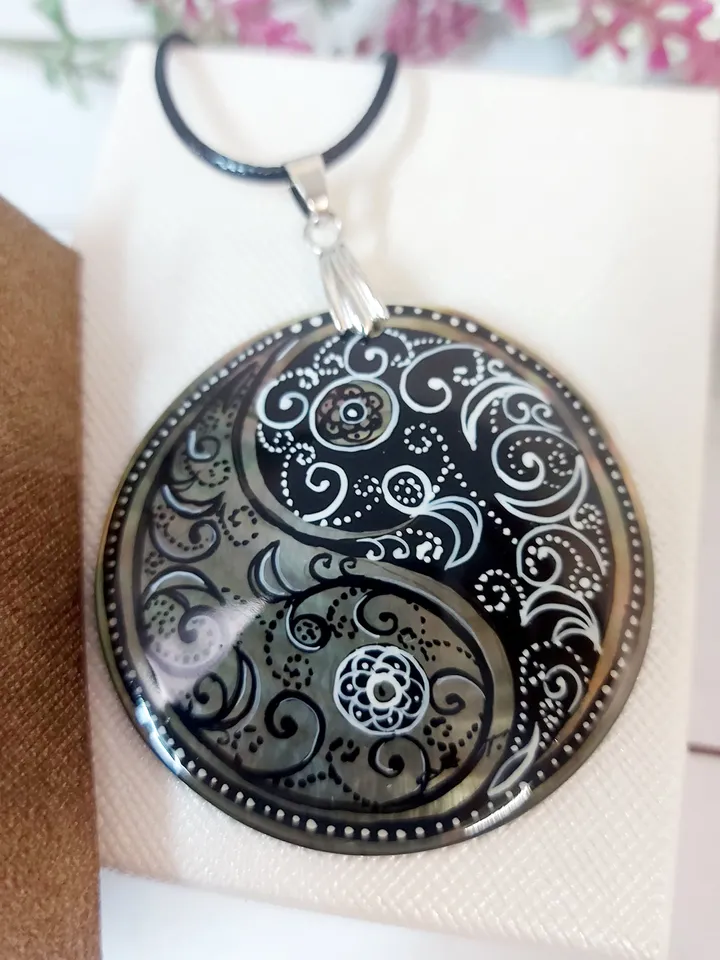 Pearl pendant necklace: Black paisley pattern in Yin Yang symbol hand painted on mother of pearl necklace • handmade boho jewelry pendant