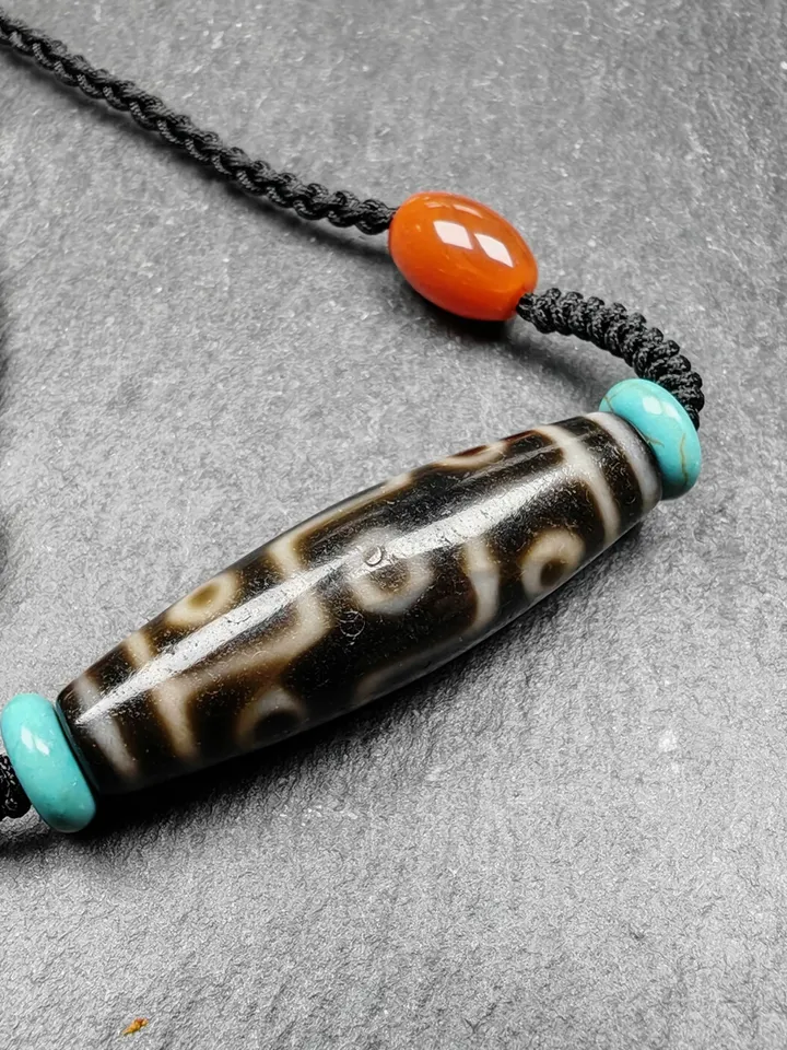 Gandhanra Vintage Tibetan 9 Eyes Dzi Bead Necklace,Protective Charm,Spiritual Gift,1.5" x 0.4"