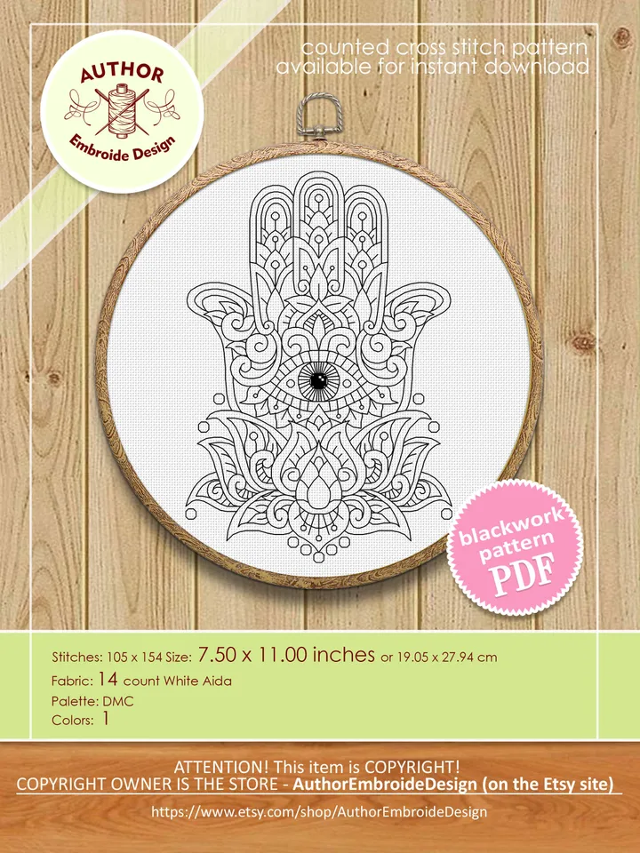 Hamsa hand with lotus flower blackwork pattern PDF Hand of fatima blackwork embroidery download PDF, Backstitch chart Hamsa charm #W27