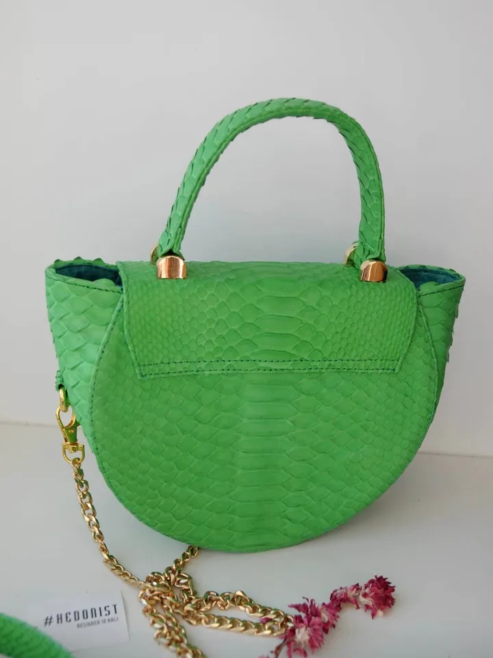 Genuine Python Skin Crosshandle Elegant Green Bag | Exotic Leather Bags | Designer Bags | Handmade Chain Crossbody Handle Women Classy Purse