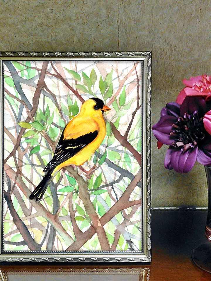 Goldfinch original watercolor, birds painting, wall decor, 7x10 in art for bird lovers by Anne Gorywine
