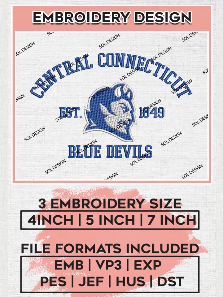Central Connecticut Blue Devils Est 1849 Embroidery Designs, NCAA Central Connecticut Blue Devils Team Embroidery, NCAA Team Logo, 3 sizes, Machine embroidery Files, Digital Download