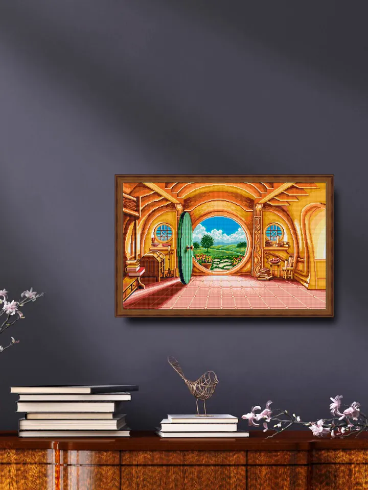 Fairy hobbit house round door cross stitch pattern download PDF Home sweet hole Green door stitch counted Wizarding world cross stitch chart Home decor #L34