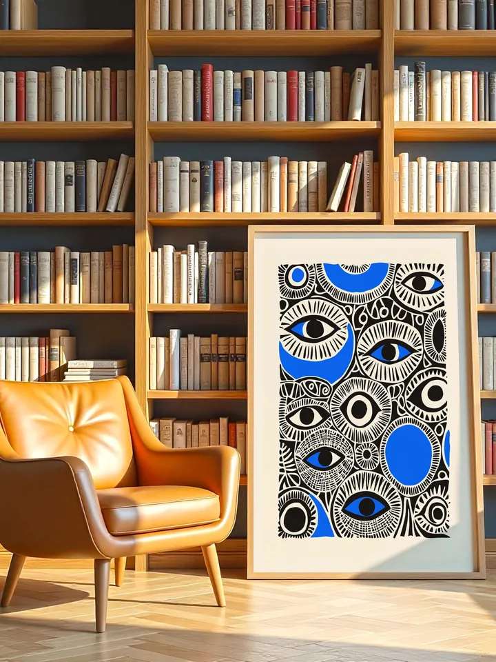 Abstract Eye Collage Print, Surreal Eye Wall Art, Bold Blue Black Poster, Eclectic Eye Decor, Whimsical Illustration, Digital Download