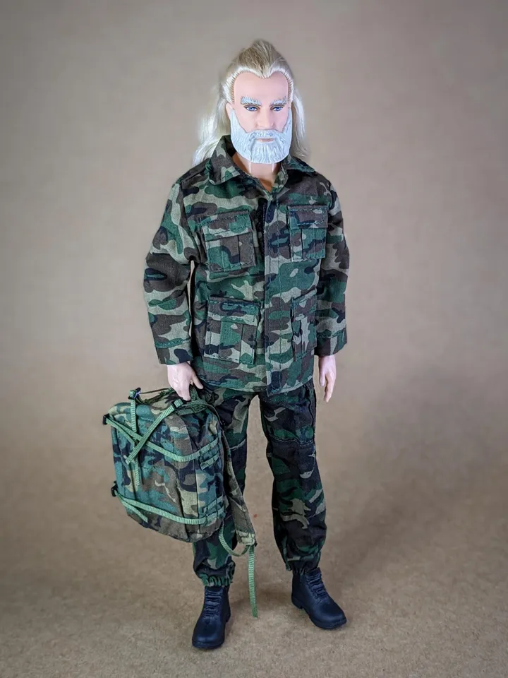 Military-style camo jacket, pants, and backpack for 12-inch fashion male dolls