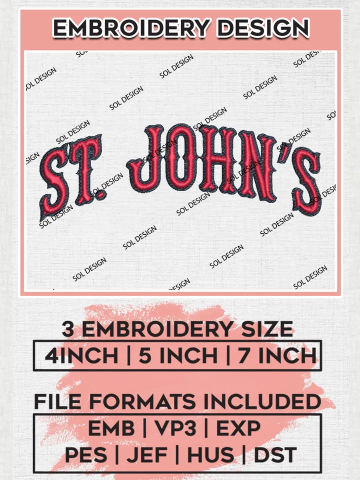 NCAA St. John's College Team Logo Embroidery Design Files, NCAA St Johns Red Storm Machine Embroidery, NCAA Teams, 3 sizes, NCAA Machine embroidery designs, Digital Download