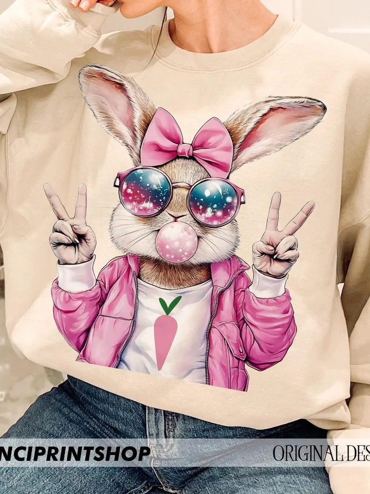Retro Easter Bunny Blowing Bubble PNG, Easter Bunny png, Easter png, Funny Easter Bunnie Sunglasses, Retro Easter png, Bunny png, Spring png