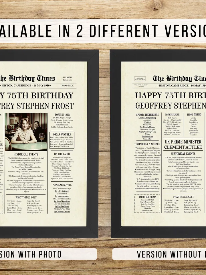 75th birthday gifts for women or men, 75th birthday newspaper poster, 75th birthday decorations, gift for 75 year old, back in 1950 uk