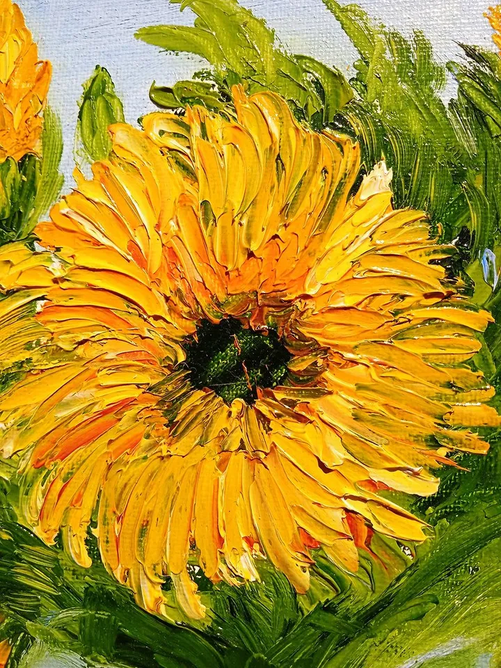 Oil Painting Bright Flowers Chamomile Sunflowers Impasto Art Miniature 20x30 cm