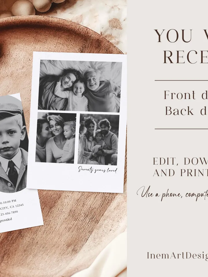 70th Birthday Party Invitation Card, Look Who's 70, Editable 70th Birthday Card Template, Printable Minimalist Birthday Photo Card Canva