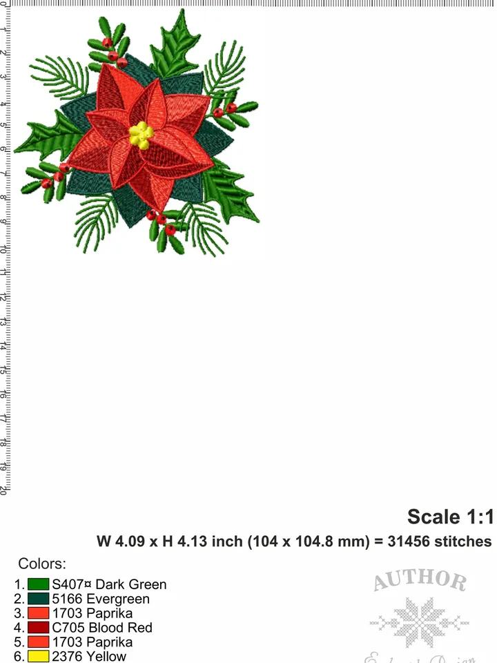 Christmas Poinsettia embroidery design Machine embroidery pattern 7 sizes, Christmas embroidery file, Red flower Poinsettia pattern #R3