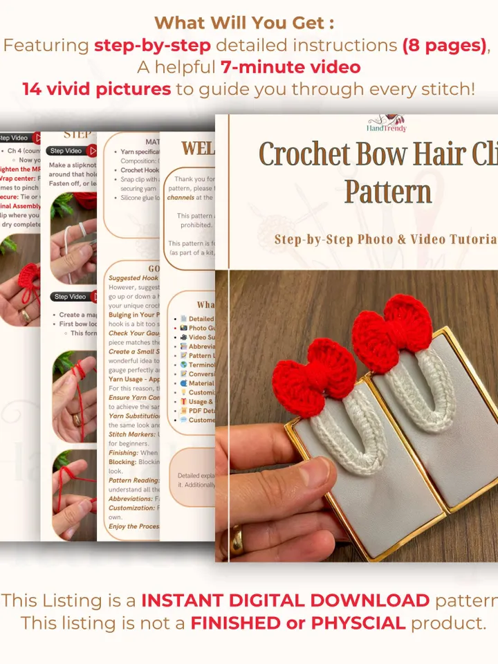 Crochet Bow Hair Clip Pattern, Scalloped Edge Bow Applique PDF, DIY Snap Clip Cover, Cute Decorative Hairpin, Handmade Accessory
