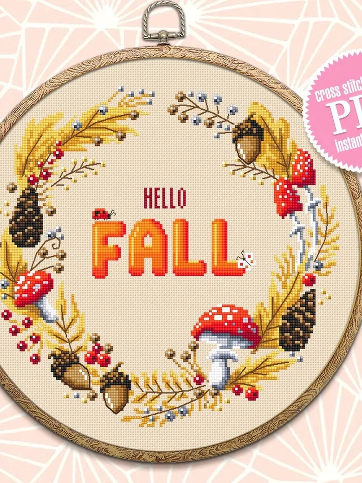 Hello fall wreath cross stitch pattern download PDF, Magic amanita mushroom cross stitch, Autumn wreath embroidery PDF, Fall home decor #Q50