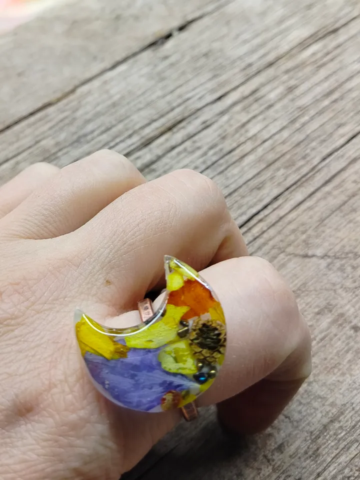 Moon statement ring Resin ring with flowers Viccan jewelry