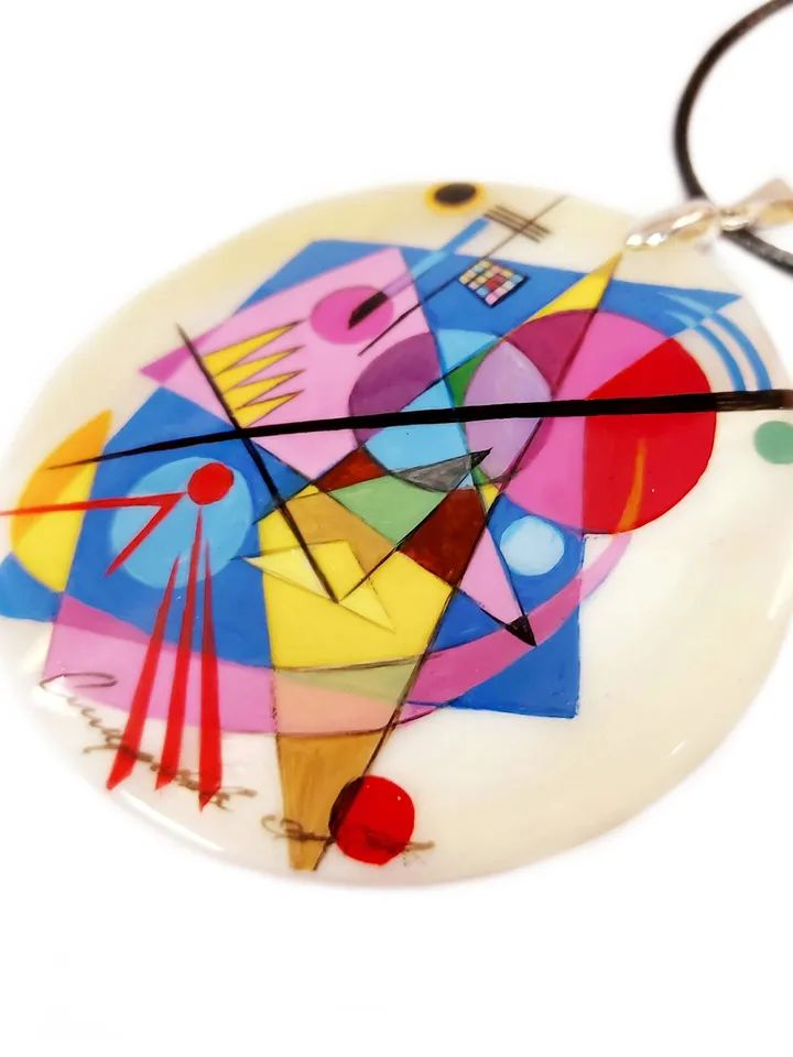 Mother-of-pearl Russian hand-painted necklace pendant. Jewelry. Abstraction. Kandinsky. Hand paint mother of pearl necklace.