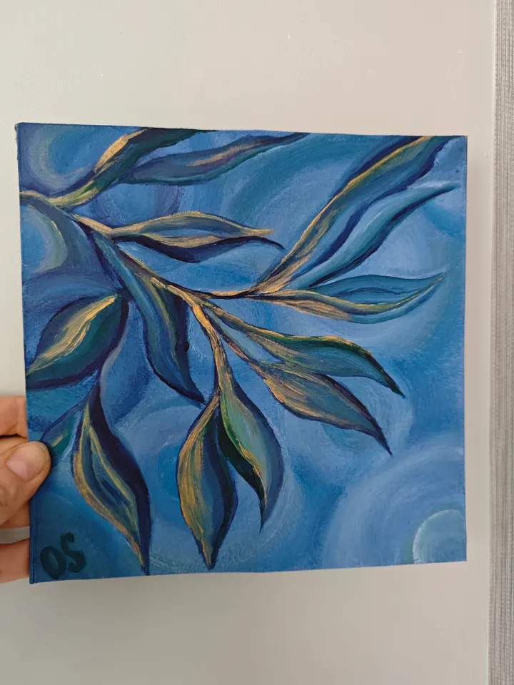 Floral Original Painting Floral Blue Abstract Original Art Blue Leaves Modern Artwork Abstract Blue Floral Oil Painting 8 x 8 inches by OlgaSokolovaArt