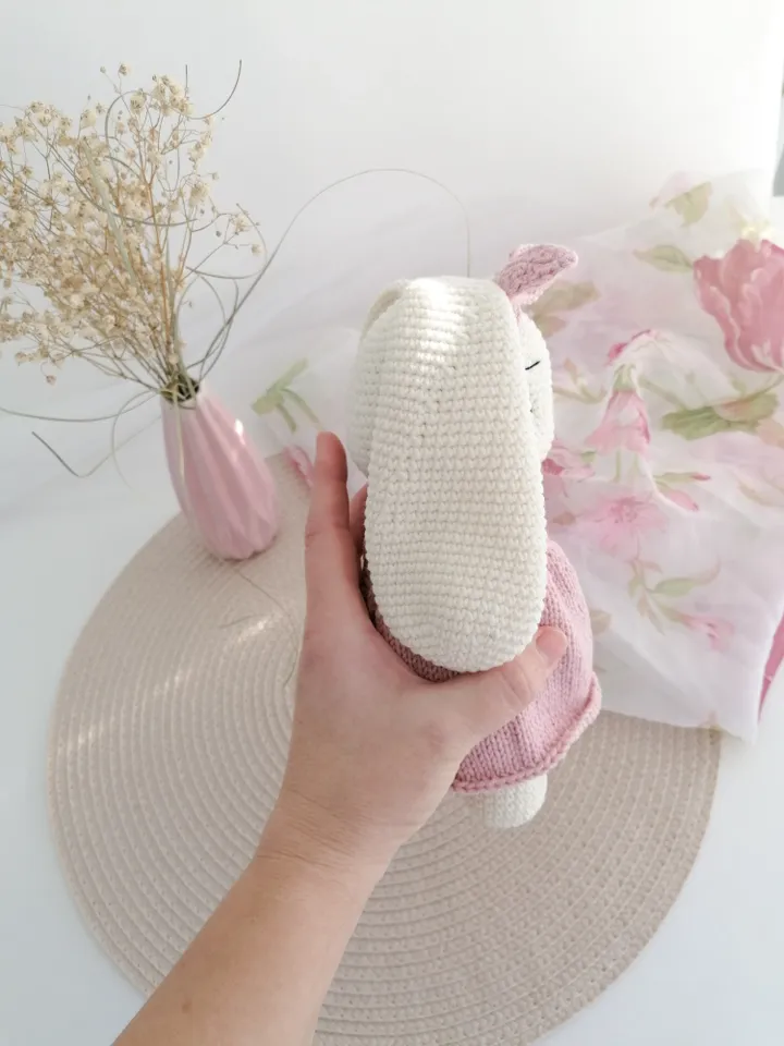 crochet bunny in a pink dress