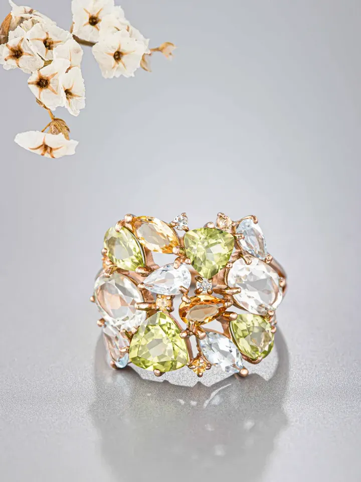 Ring made of 925 silver with gold plating with natural green amethyst, chrysolite, citrine and topaz Sky
