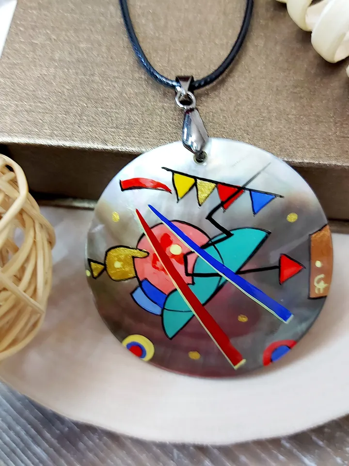 Pendant Kandinsky 2 Mother-of-pearl Hand-painted Russian jewelry magic of painting fine art jewelry Art gift Fedoskino Collectible