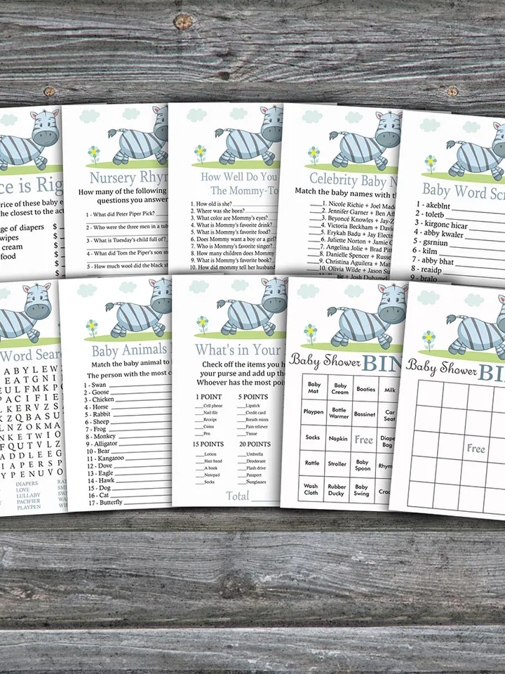 Zebra baby shower games bundle,Safari animals Baby Shower games package,Fun Baby Shower Games,9 Printable Games-287