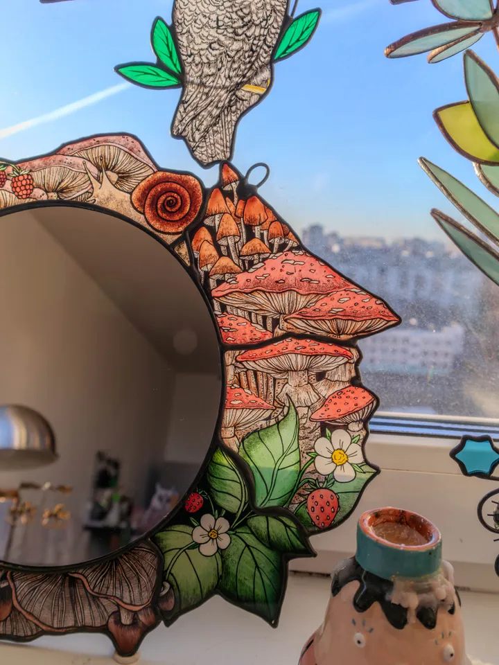 Handmade stained glass mirror with mushrooms, Home decor with fungi