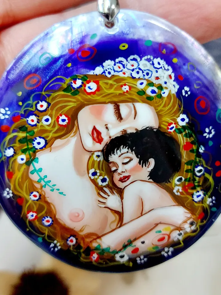 Pendant "Mother and child" Gustav Klimt Mother-of-pearl hand-painted Russian jewelry Summer jewelry fine art jewelry miniature painting