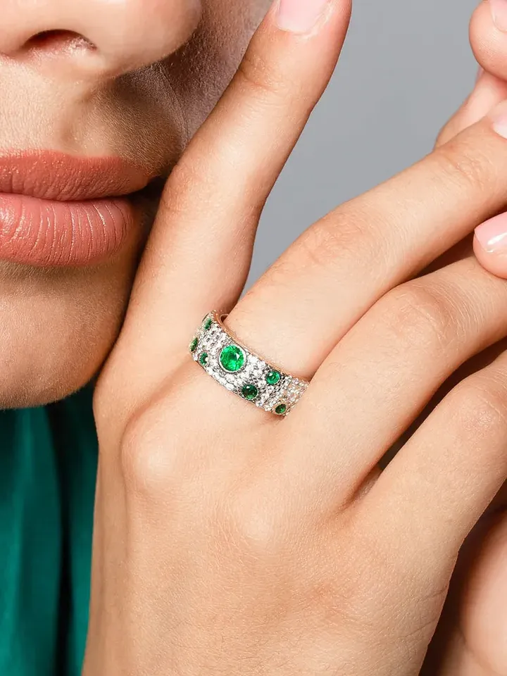 Women's ring 925 silver, gold plated with cubic zirconia and emerald