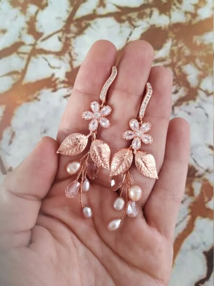 Rose Gold Diamond Bridal Earrings | Boho Statement Wedding Earrings | Floral Wedding Jewelry | Bridesmiad Gift | Pearl Bridal Jewelry |