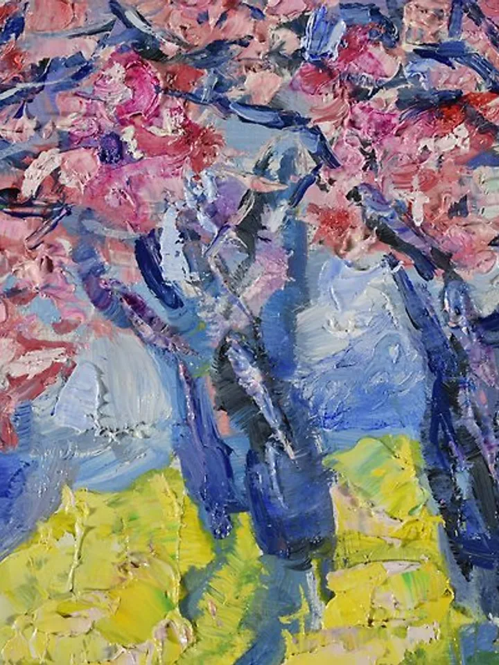 Cherry Blossoms Painting Spring Landscape Original Art Park Alley