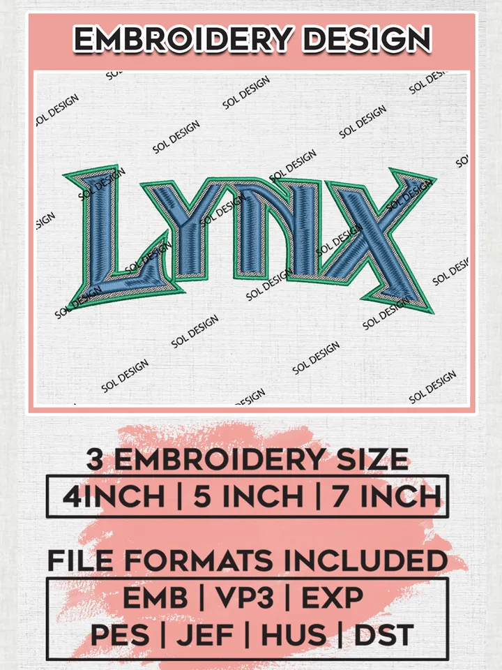 WNBA Minnesota Lynx Wordmark Logo Embroidery Files, WNBA Minnesota Lynx Team Embroidery Designs, WNBA Basketball Teams, 3 sizes, Machine embroidery designs, Digital Download