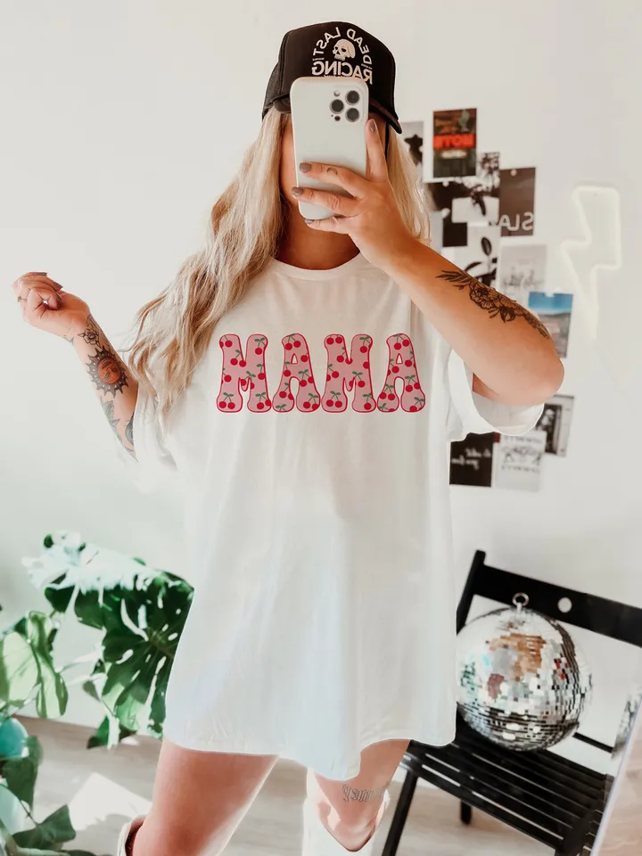 Trendy Retro Mama PNG Cherry Berry First Summer Varsity Popular Aesthetic Trendy Mom Cherry Sweet Shirt Design Sublimation DTG PNG