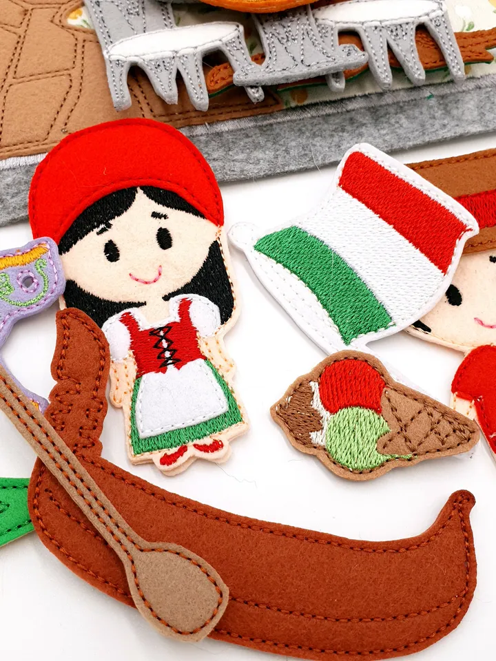 Italy Quiet Book Page & Finger Puppets ITH Embroidery Design, Italian Landmarks Felt Play Set, Educational Toy, Digital Download