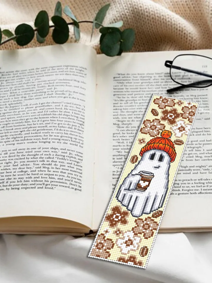 Ghost coffee bookmark cross stitch pattern PDF download Cute ghost cross stitch chart, Coffee Halloween bookmark pattern digital PDF #B367