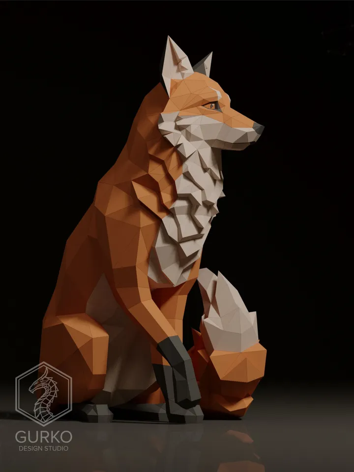 Sitting Fox Papercraft, Digital Template, PDF Download, Gurko, 3D LowPoly, Pepakura, DIY Origami Sculpture, Paper Party Decoration, DIY Gift