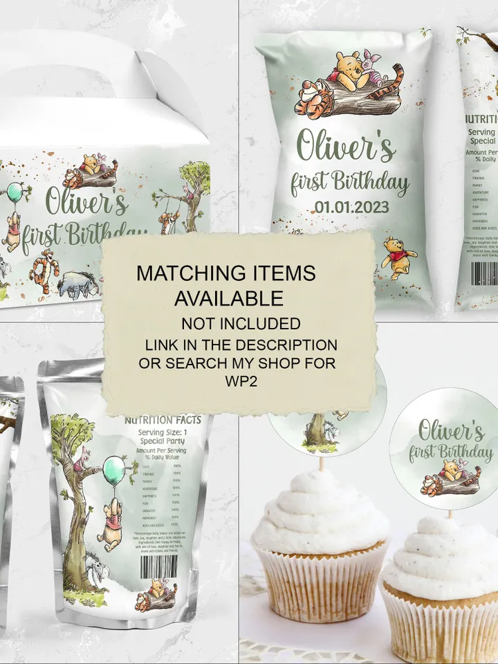 Editable Gable Box Label Hundred Acre Wood First Birthday party gable box label; Winnie the Pooh Party; Classic Pooh Party Birthday ; wp2