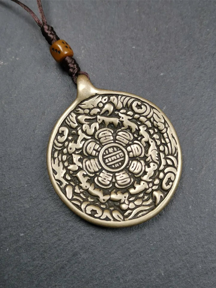 Gandhanra Antique SIPAHO(srid pa ho) Amulet, Tibetan Buddhist Astrology Calendar Badge,12 zodiac Melong Mirror, Jiugong Bagua,30 Years Old