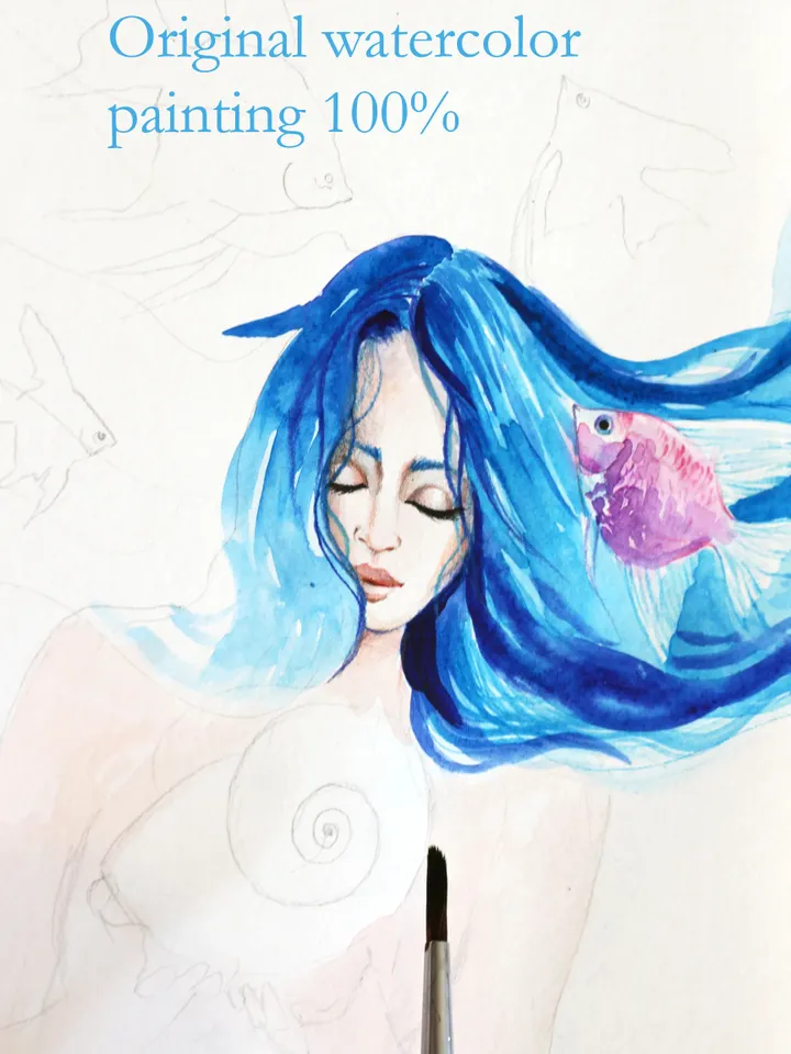 Water Goddess Painting Woman and Pisces Original Art Woman Sea Watercolor Aquarius Artwork