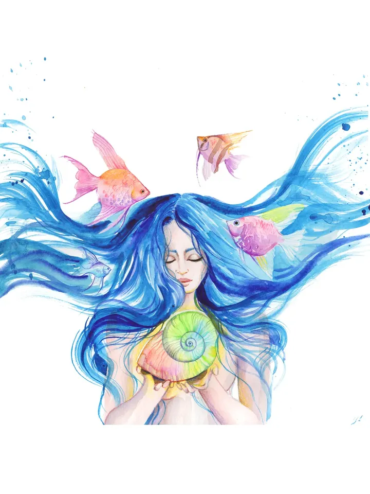 Water Goddess Painting Woman and Pisces Original Art Woman Sea Watercolor Aquarius Artwork