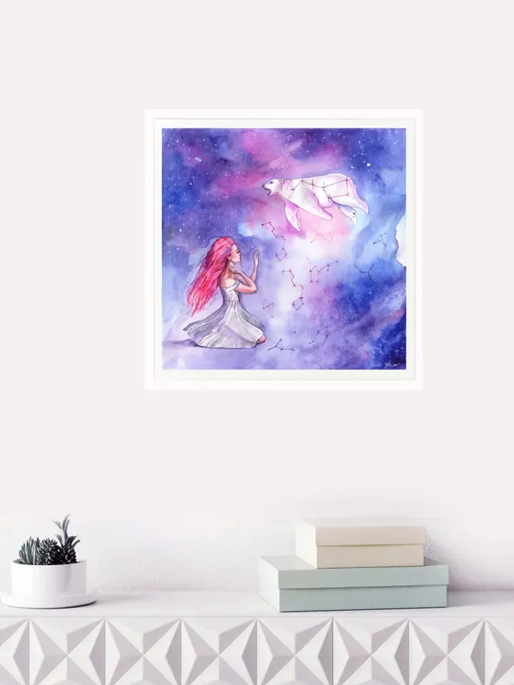 Starry Sky Painting Ursa Major Original Art Girl Watercolor Fairytale Artwork
