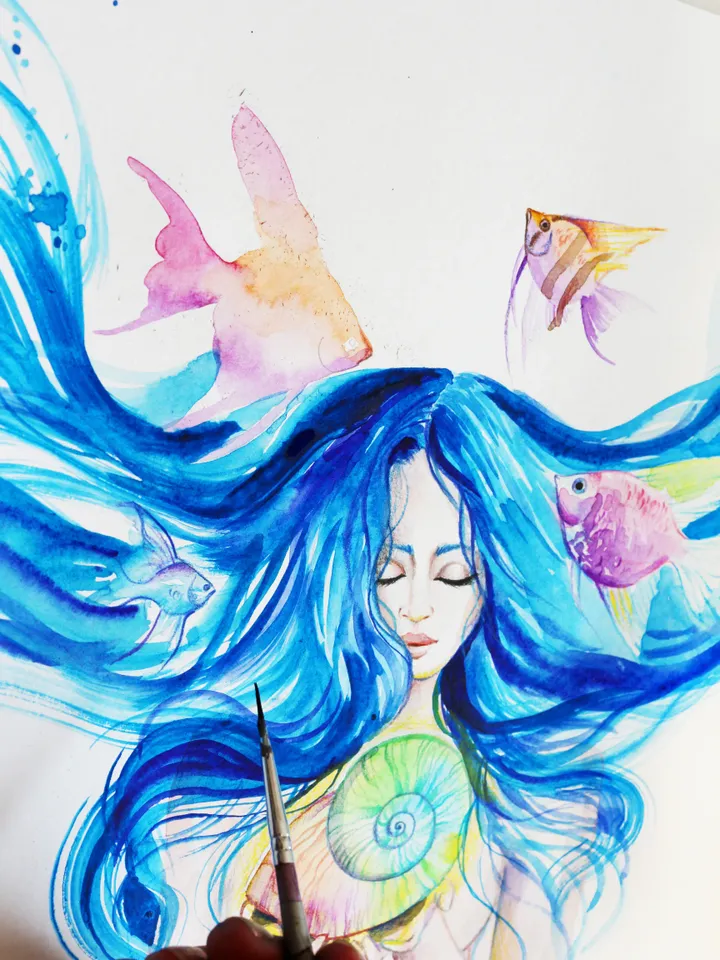 Water Goddess Painting Woman and Pisces Original Art Woman Sea Watercolor Aquarius Artwork