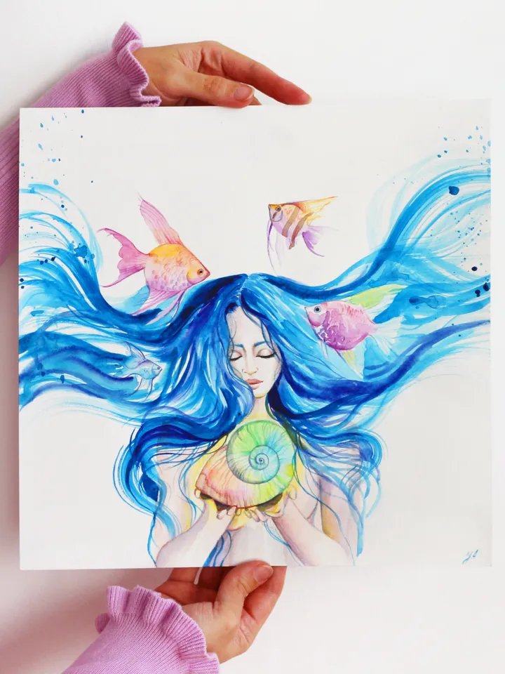 Water Goddess Painting Woman and Pisces Original Art Woman Sea Watercolor Aquarius Artwork