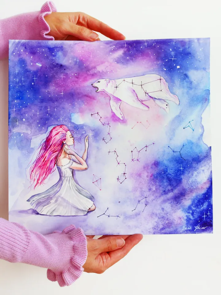 Starry Sky Painting Ursa Major Original Art Girl Watercolor Fairytale Artwork