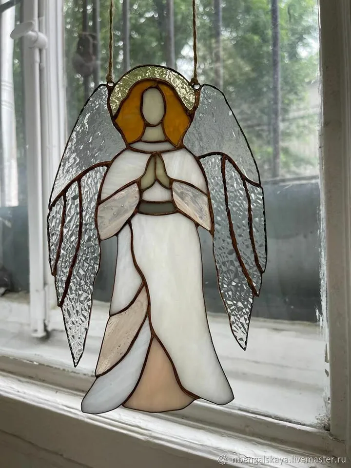 Angel's Prayer, Hanging decorations, Tiffany Stained Glass, Angel’s Prayer Ornament, Stained Glass Angel in Prayer, Tiffany Glass Angel Pendant, Praying Angel Suncatcher, Hanging Angel Figure, Guardian Angel Glass Ornament, Celestial Angel Window Charm