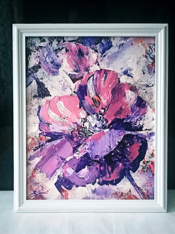Abstract painting with garden flowers, "Peony flower", original acrylic painting on cardboard 25x20cm in a white wooden frame