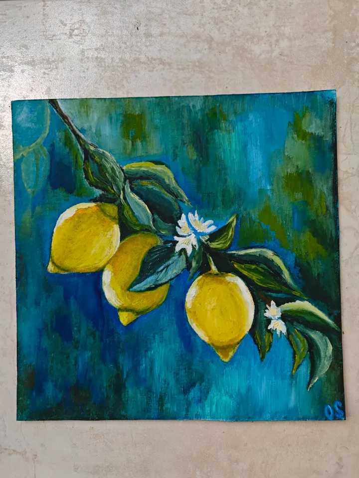 Lemons Original Painting Lemon Branch Artwork Three Lemons Modern Art Lemon Tree Branch Oil Painting Lemon Wall Decor 11.8 x 11.8 inches by OlgaSokolovaArt