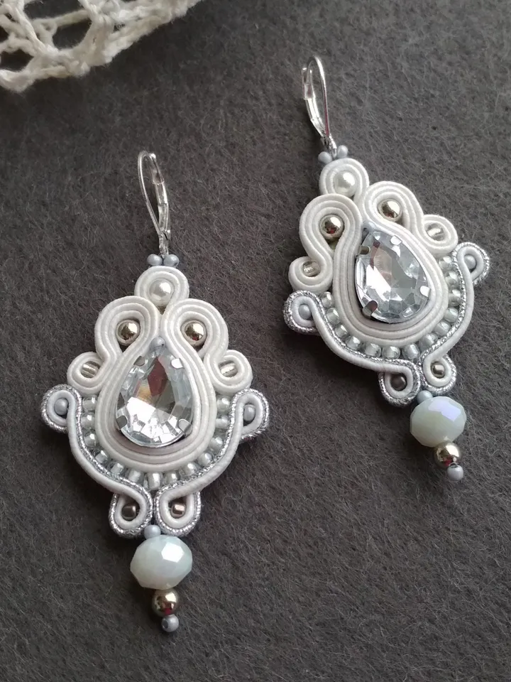 Wedding Earrings, White Silver Bridal earrings, rhinestone earrings, soutache earrings