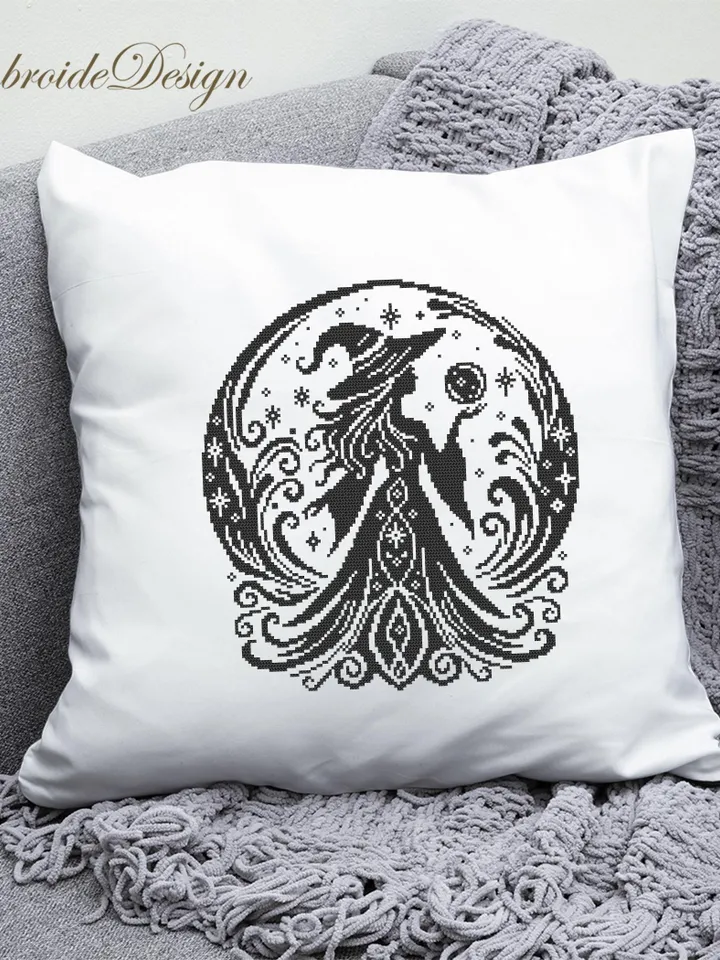 Halloween witch cross stitch pattern PDF download Mystical cross stitch chart, Monochrome magic pattern digital PDF Witchy crystal ball #H79